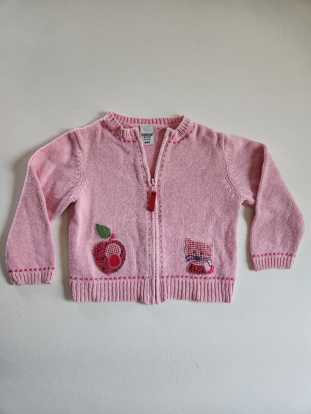 Cottagecore Patchwork Cat Apple Oshkosh Knit Pink Cardigan Sweater Sz 4/4T